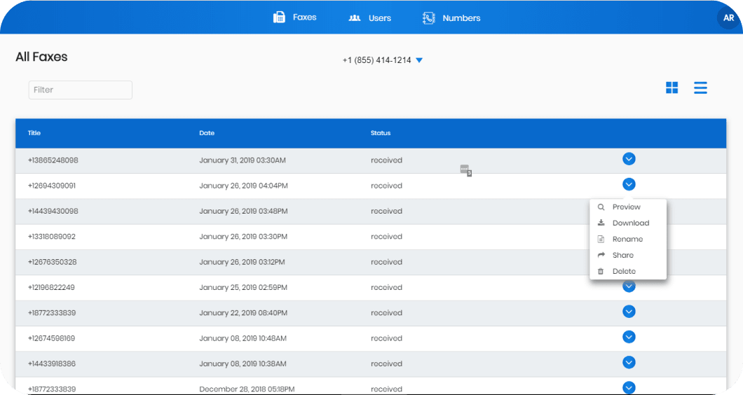 This is a list of faxes of a given Twilio number